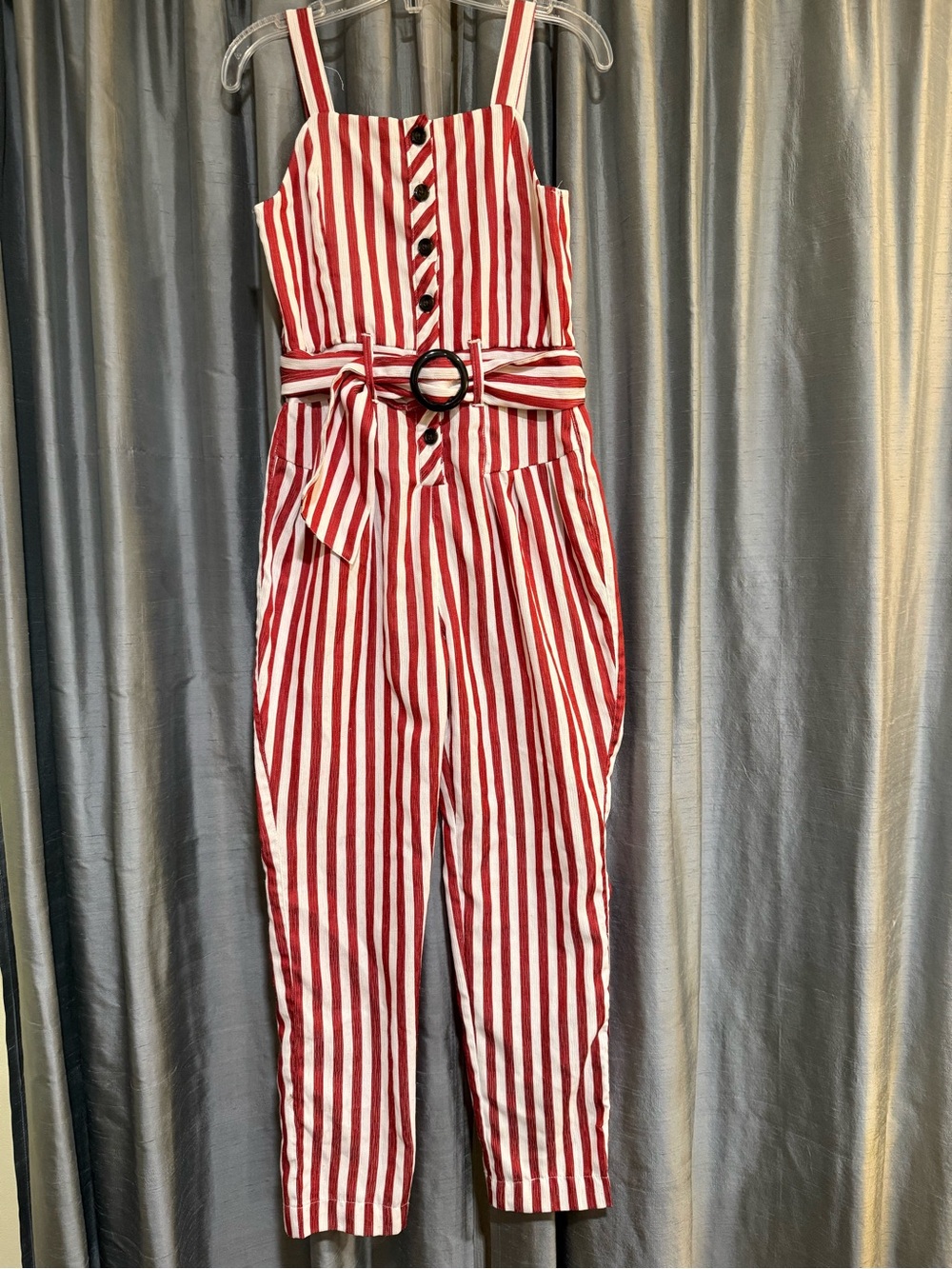 Habitual Red & White Striped Sleeveless Belted Jumpsuit